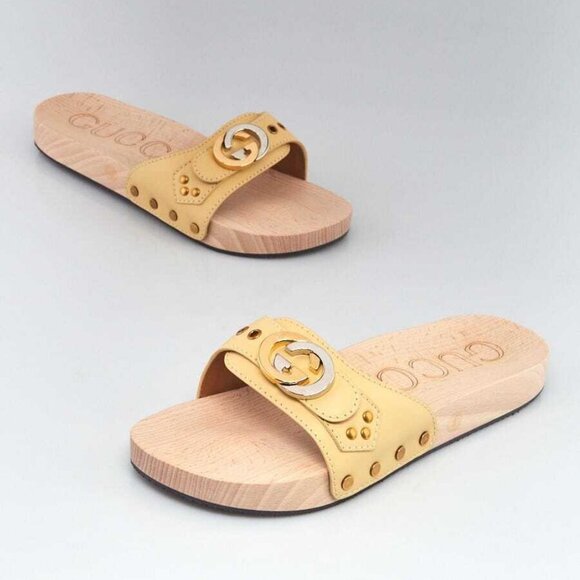 Gucci Light Yellow Leather Interlocking GG Wooden Slide Sandals Size 5 - Picture 2 of 5